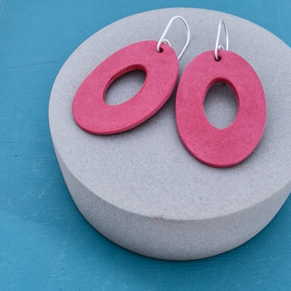 Giant Oval Scratched Earrings in Pinky Red