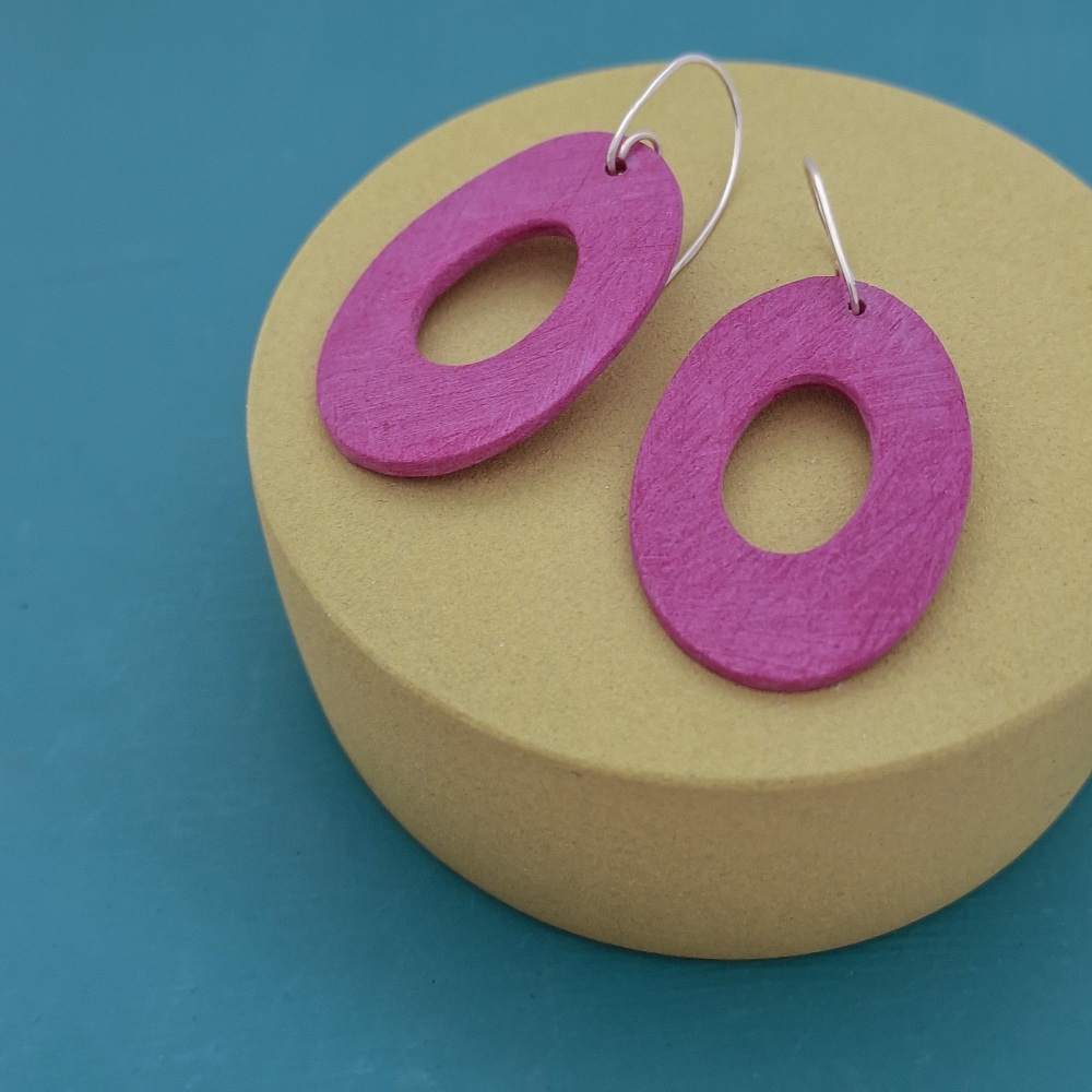 Giant Oval Scratched Earrings in Berry