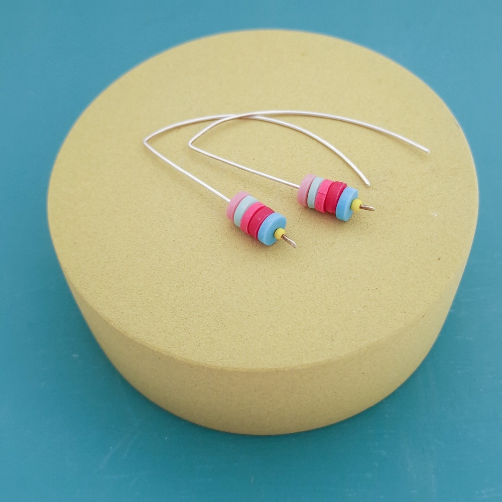 Tiny Disc Sterling Silver Wire Earrings Pink, Cerise and Turquoise