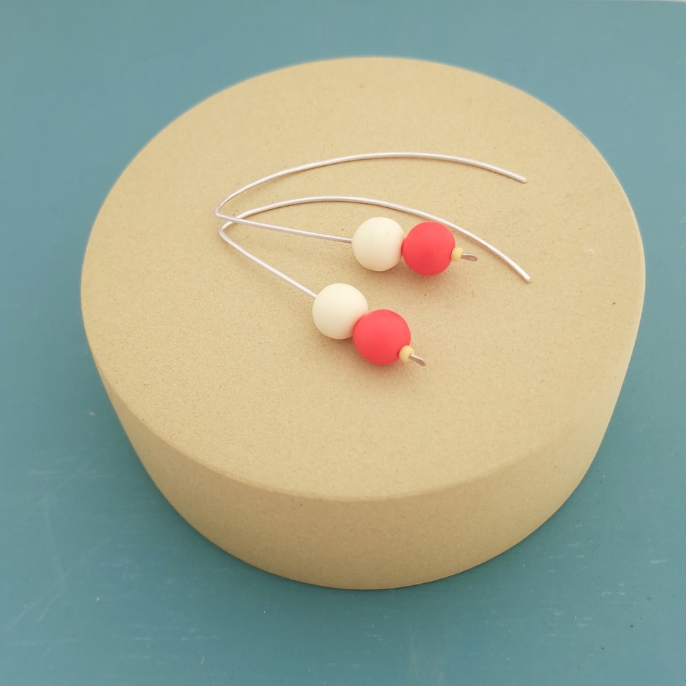 Duo Bead Sterling Silver Wire Earrings in Pale Yellow and Coral