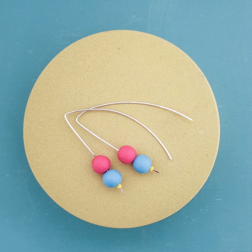 Duo Bead Sterling Silver Wire Earrings in Pink and Turquoise