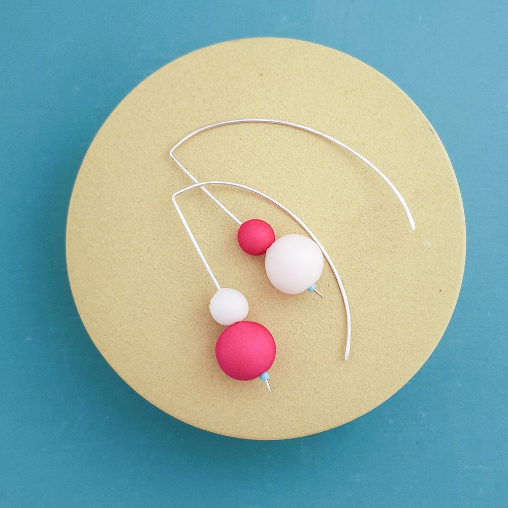 Duo Bead Sterling Silver Wire Earrings in Bright pink and Ivory
