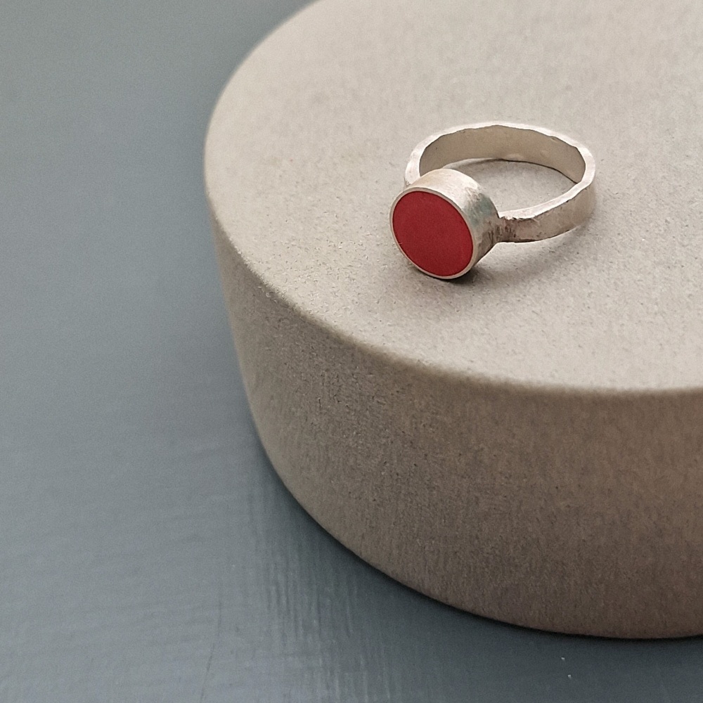 Red Colour Dot Ring with chunky band Size M