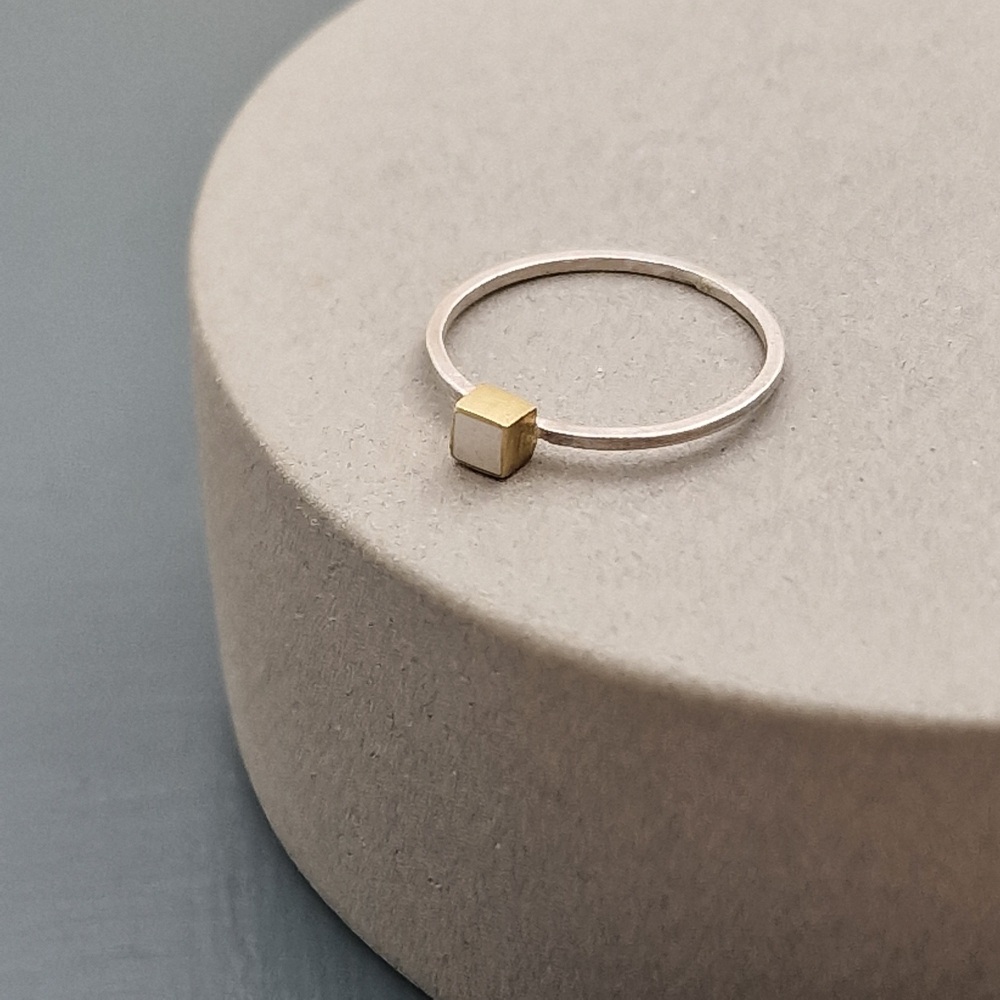 Geometric Brass and Silver Square White Ring - Size R