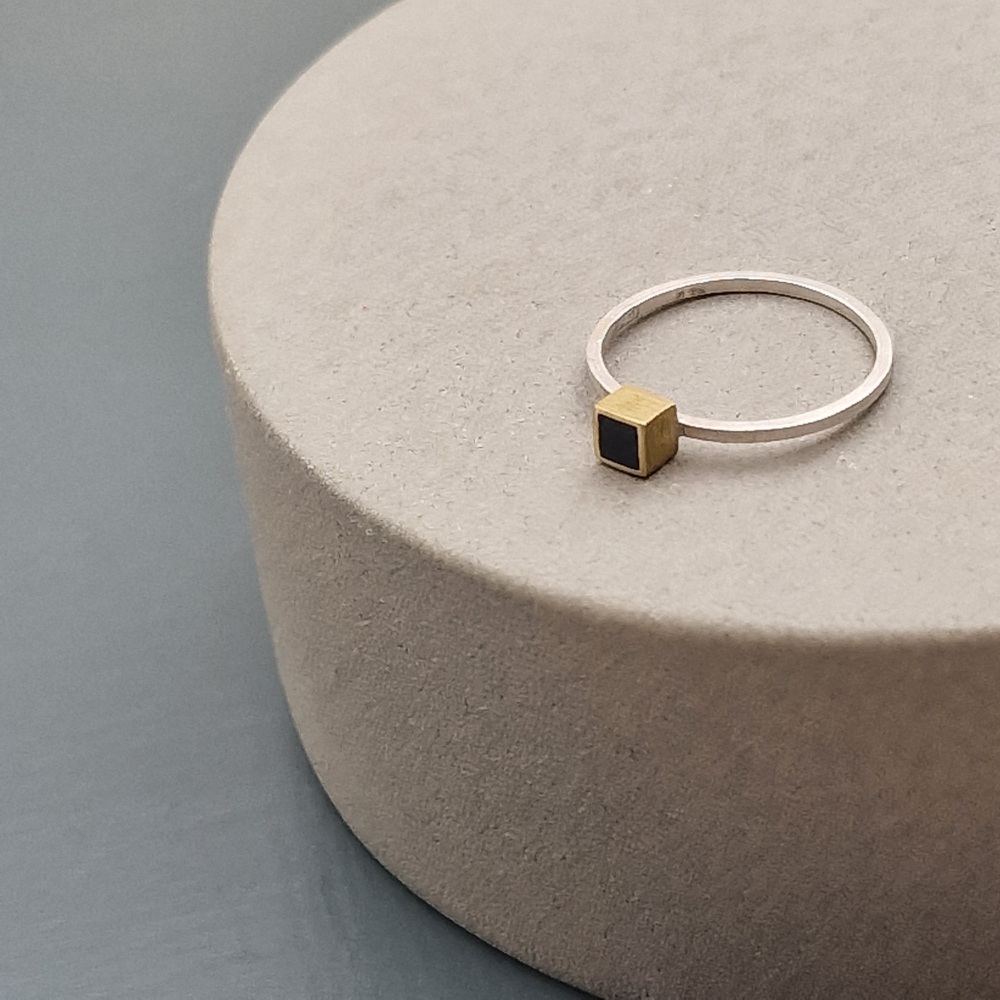 Geometric Brass and Silver Square Black Ring - Size M