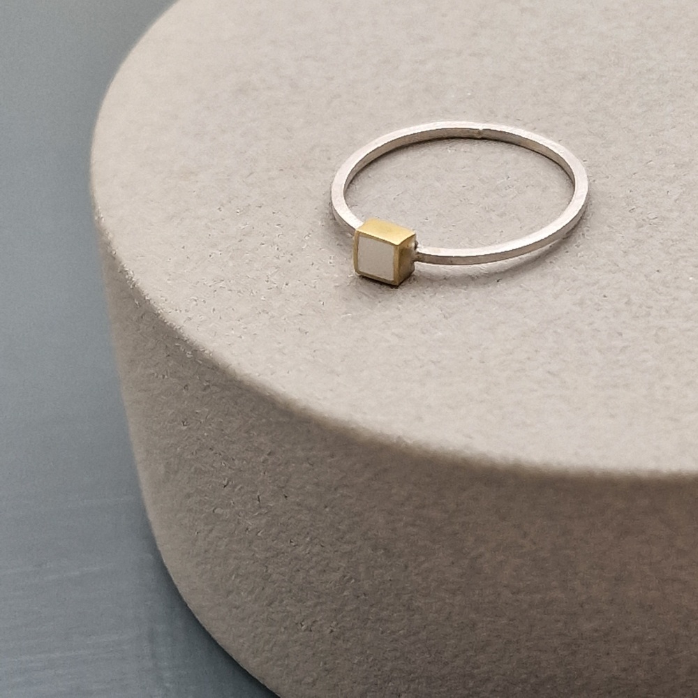 Geometric Brass and Silver Square White Ring - Size P