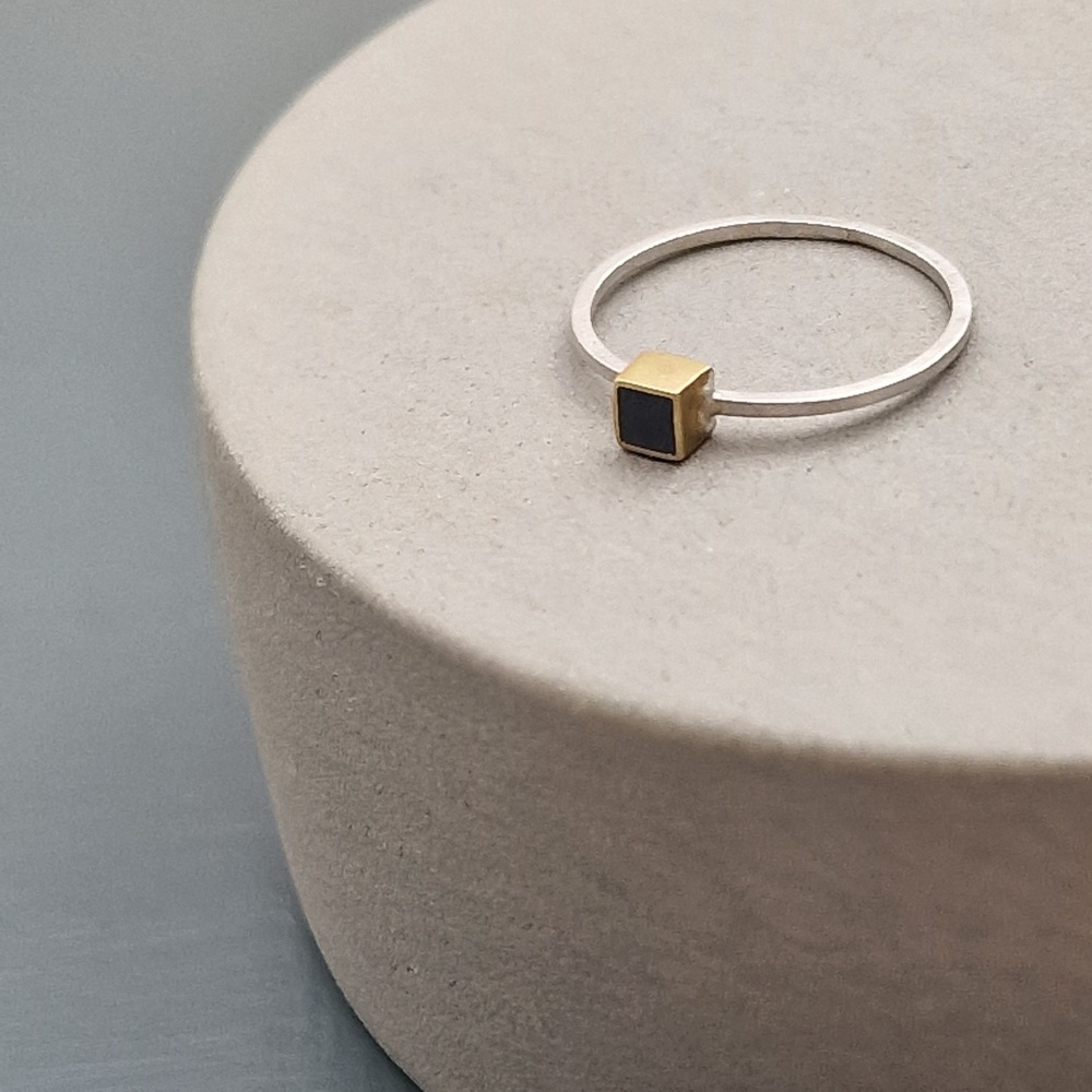 Geometric Brass and Silver Square Black Ring - Size P