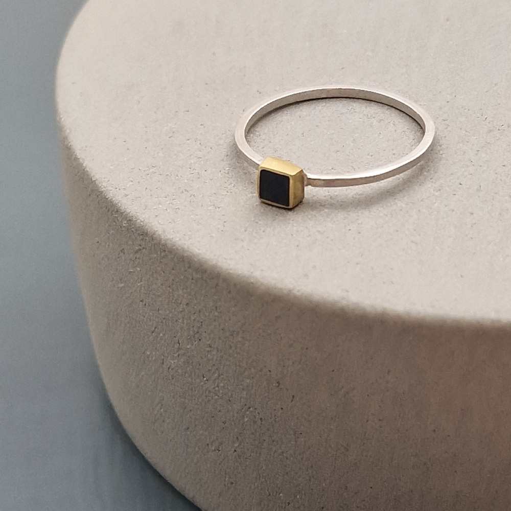 Geometric Brass and Silver Square Black Ring - Size N