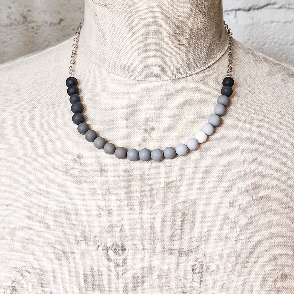 Beaded Sterling Silver Chain Necklace in Black, Greys and White