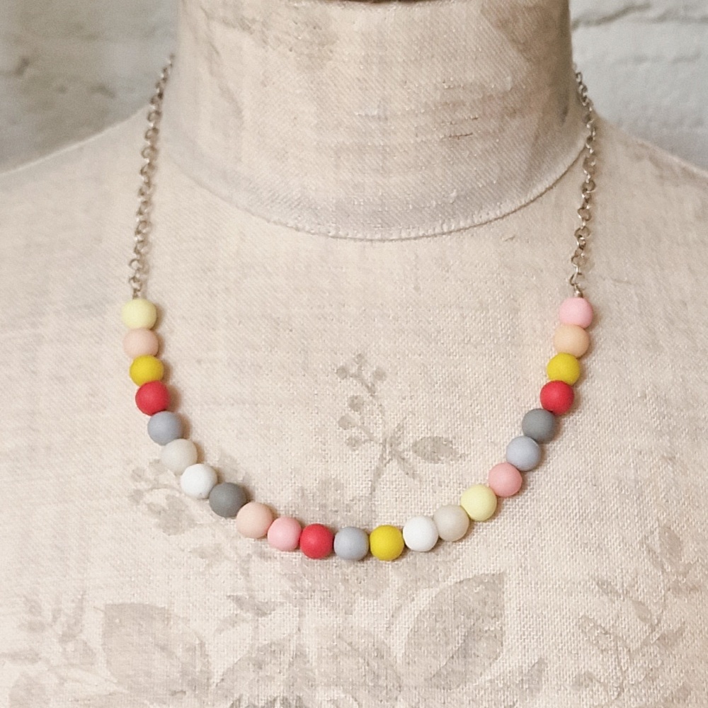 Beaded Sterling Silver Chain Necklace in Pastel pink, grey, yellow, white and coral