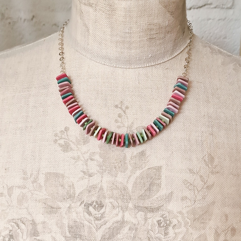 Beaded Sterling Silver Chain Necklace with Pink and Green Handmade Beads