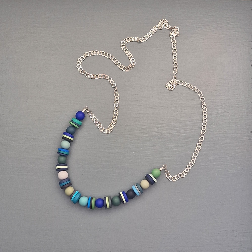 Long Chain Necklace with Blue, Grey and Green Handmade Beads