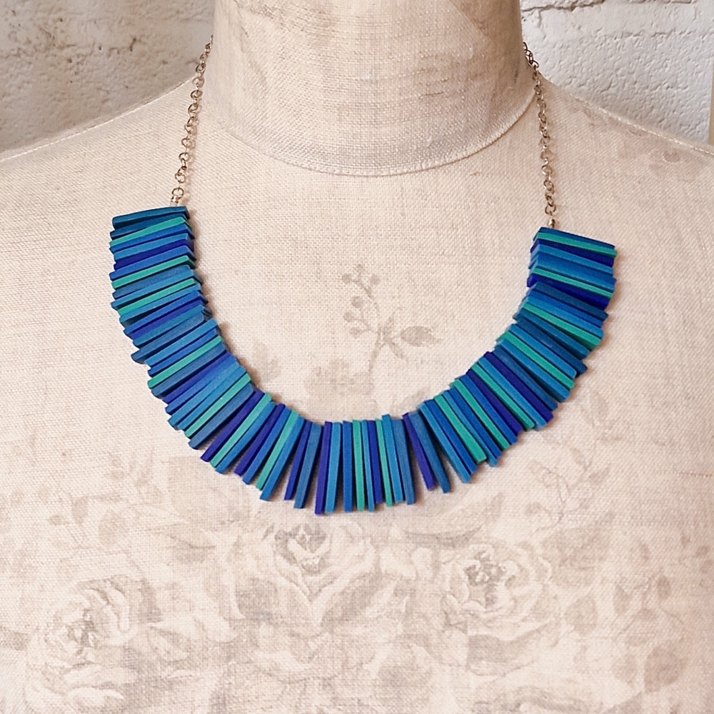 Modern Deco Necklace in Blues and Greens with Silver Chain