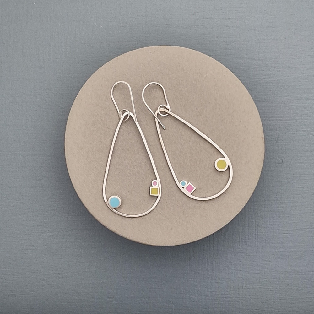 Large Inside Dot Dangly Teardrop Hoop Earrings with Circle and Square Dots in Turquoise, Yellow and Pink (discontinued)