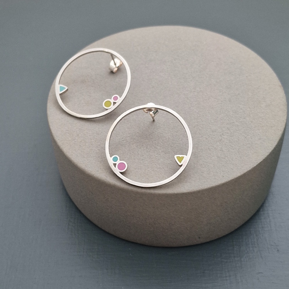 Large Inside Dot Circle Studs Pink, Yellow and Turquoise