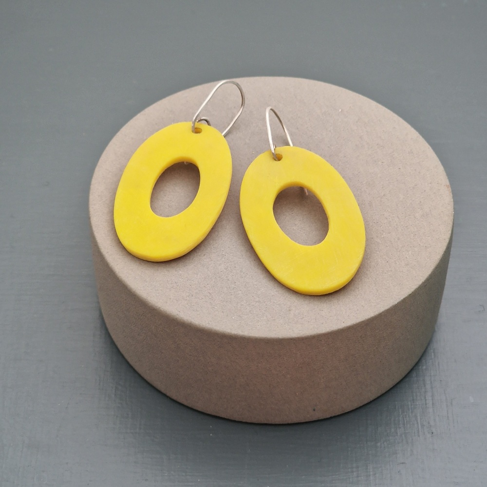 Giant Oval Scratched Earrings in Bright Yellow