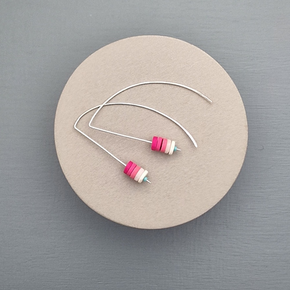 Tiny Disc Sterling Silver Wire Earrings Pinks and White