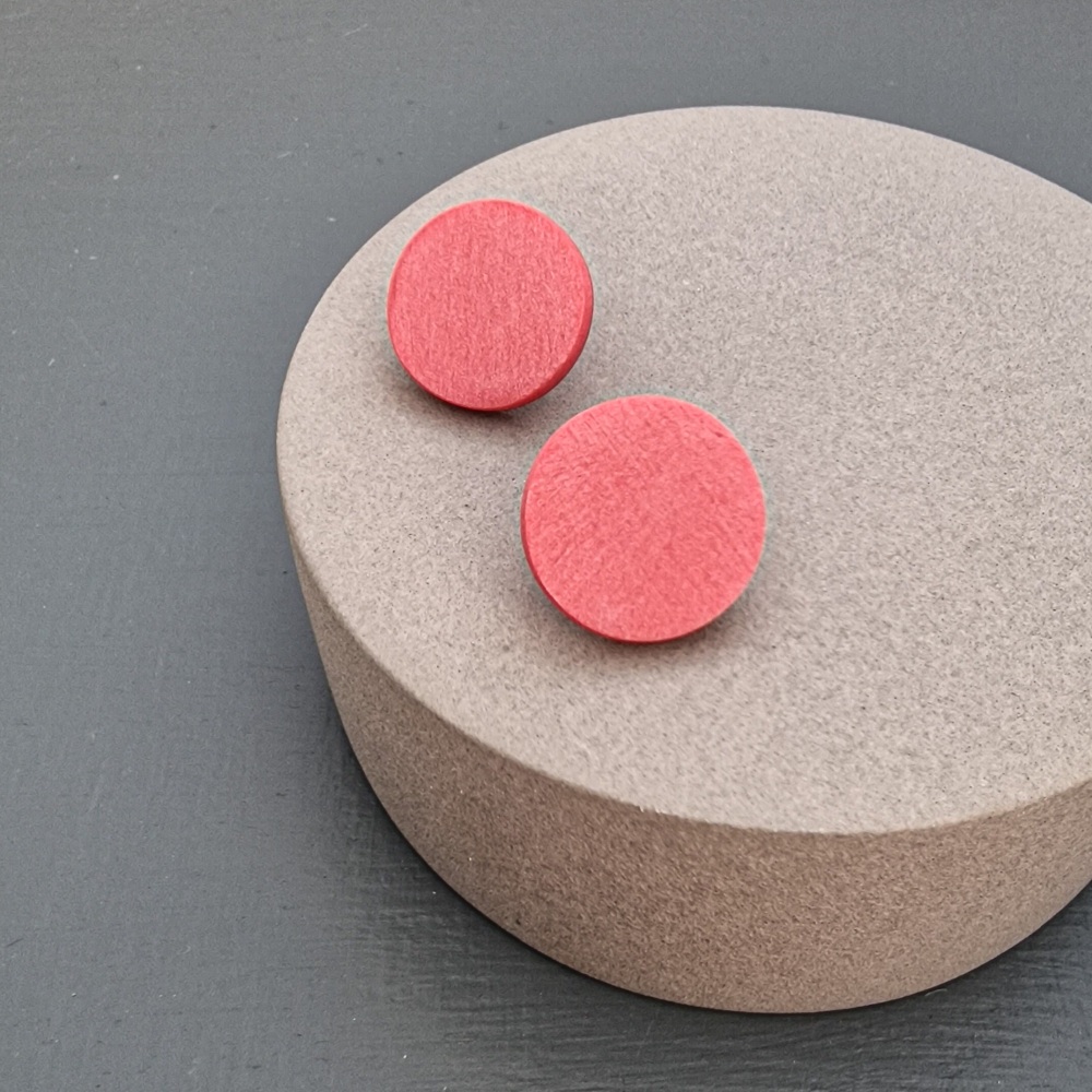 Scratched Polymer Clay Circle Studs - Coral