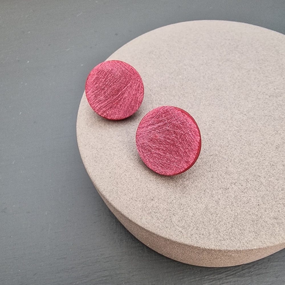 Scratched Polymer Clay Circle Studs - Crimson