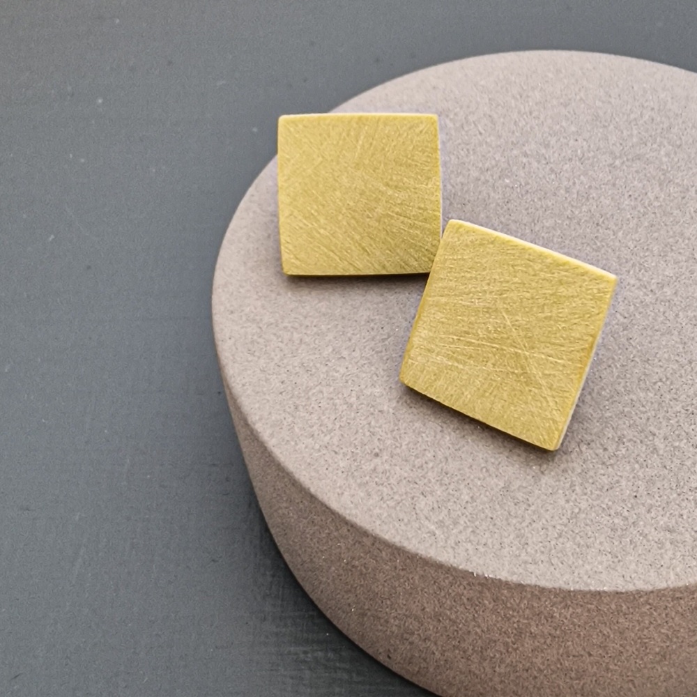 Scratched Polymer Clay Square Studs - Mustard