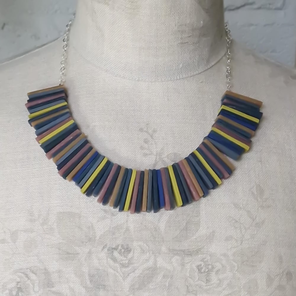 Modern Deco Necklace in Dark Blues, Red Earth and Yellow Ochre