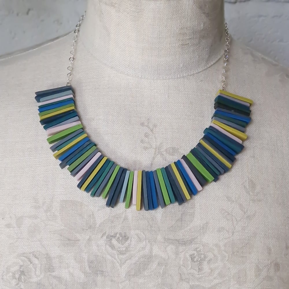 Modern Deco Necklace in Dark Blues, Green, Palest Pink, Grey and Mustard