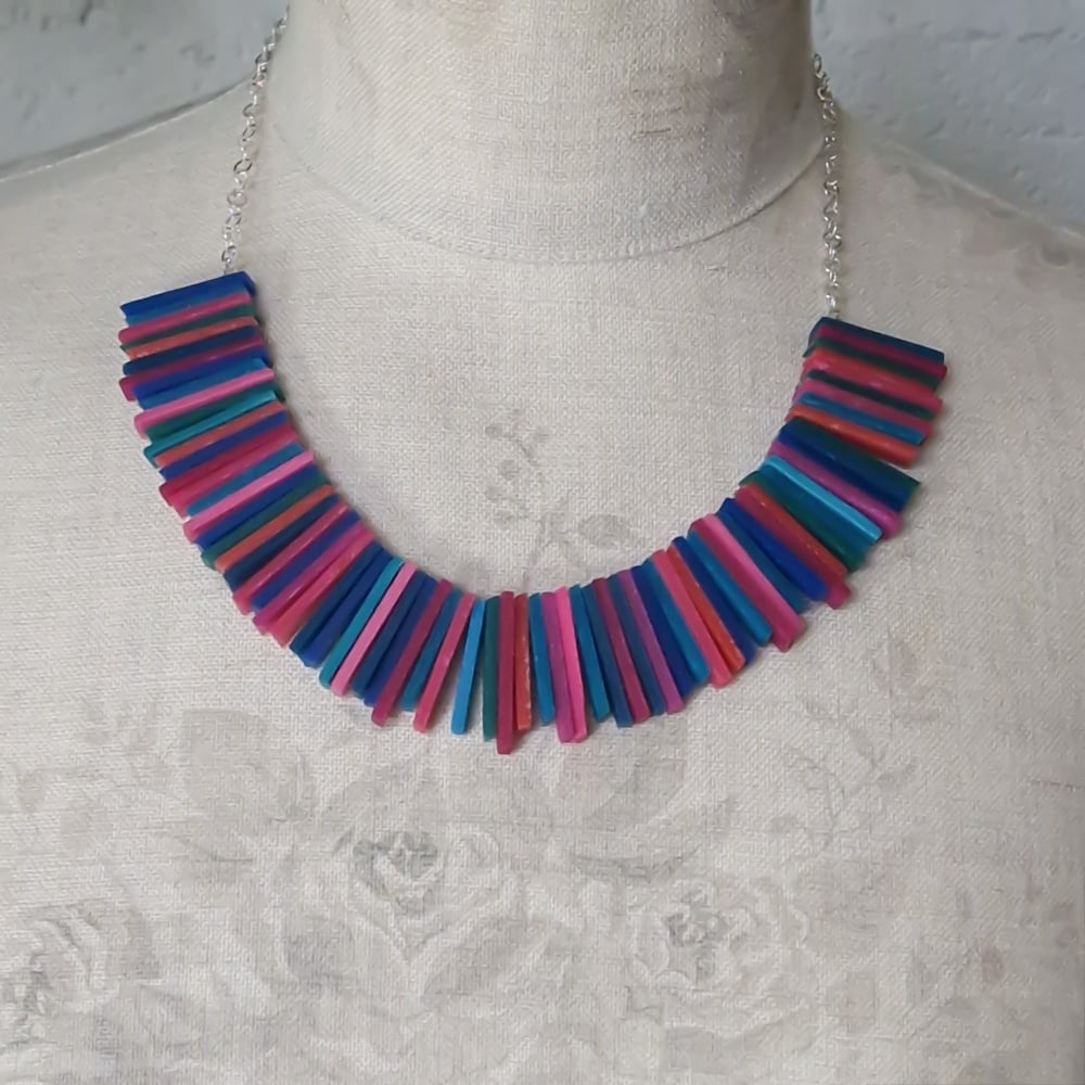 Modern Deco Necklace in Dark Blues, Reds and Pinks