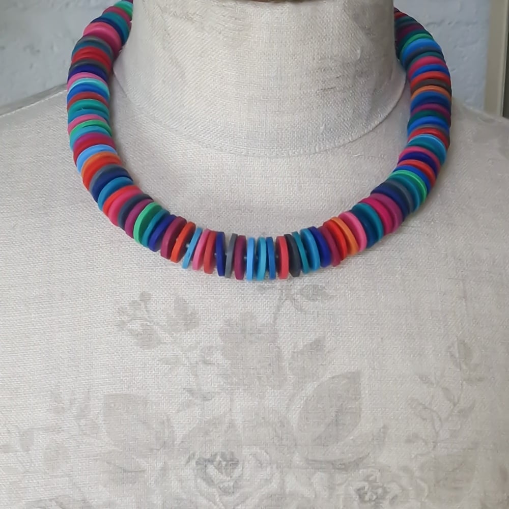 Large Disc Bead Necklace in Jewel Colours Emerald, Ruby and Sapphire