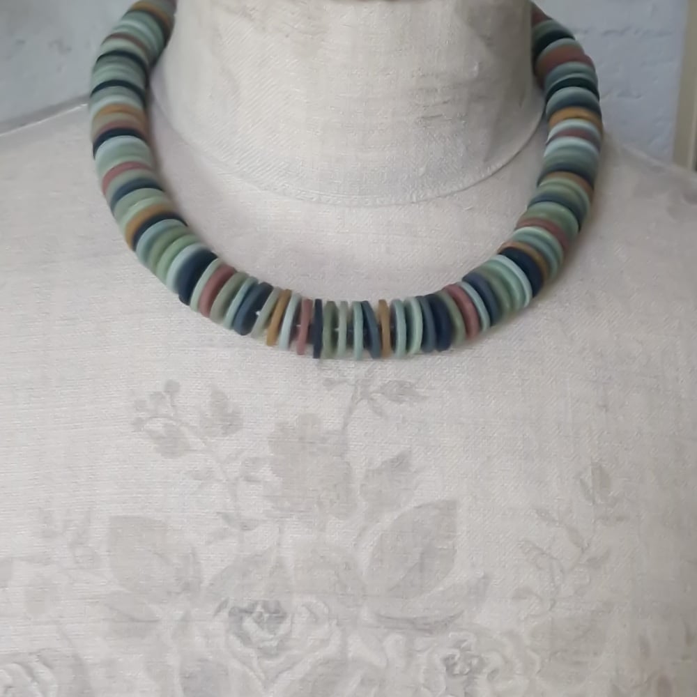 Large Disc Bead Necklace in Blue and Green Earth Colours