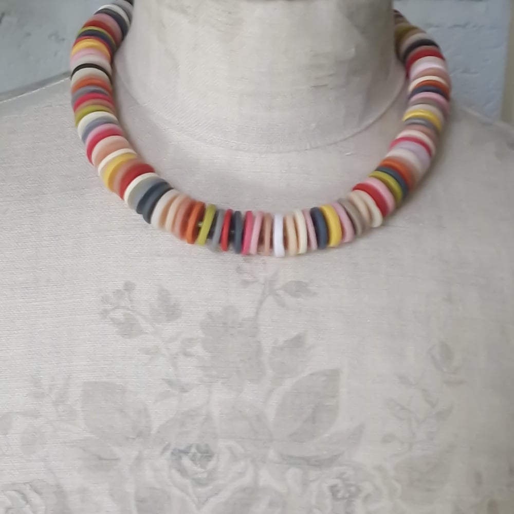 Large Disc Bead Necklace in Pinks, Greys and Mustard