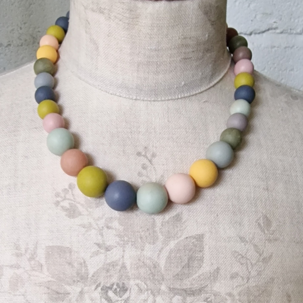 Graduated Bead Necklace in Greys, Green, Pale Pinks and Mustard