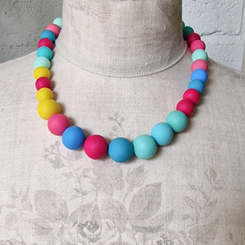 Graduated Bead Necklace in Turquoise, Pink and Yellow