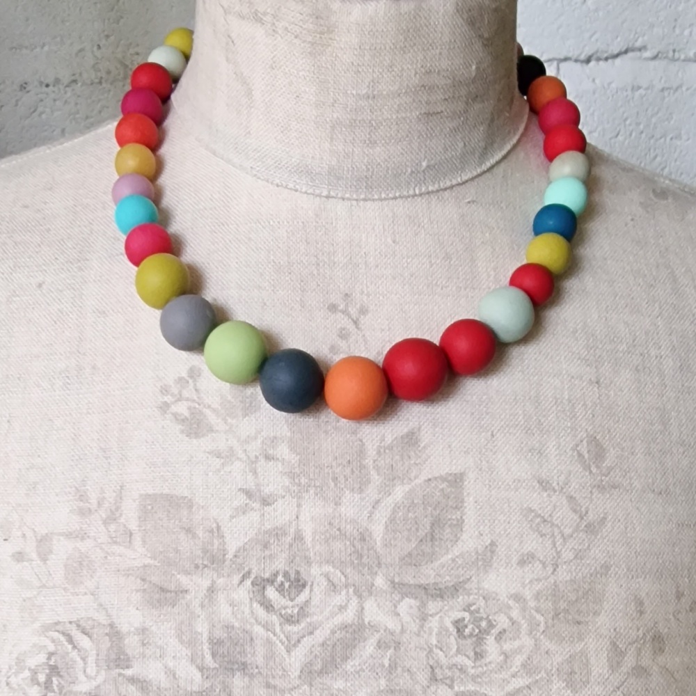 Graduated Bead Necklace in Red, Greens, Aqua and Grey