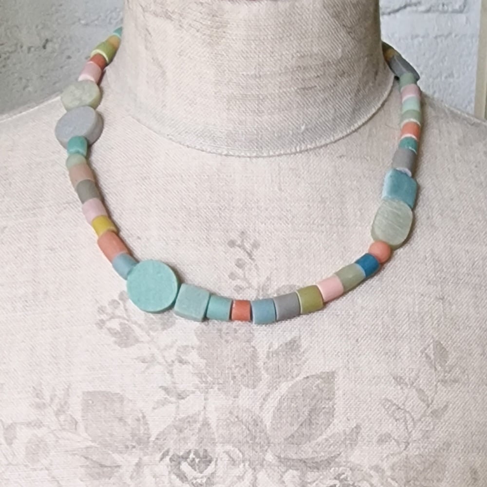 Random Shapes Beaded Necklace Soft Earth Colours Pale Aqua, Pale Green, Peach and Taupe