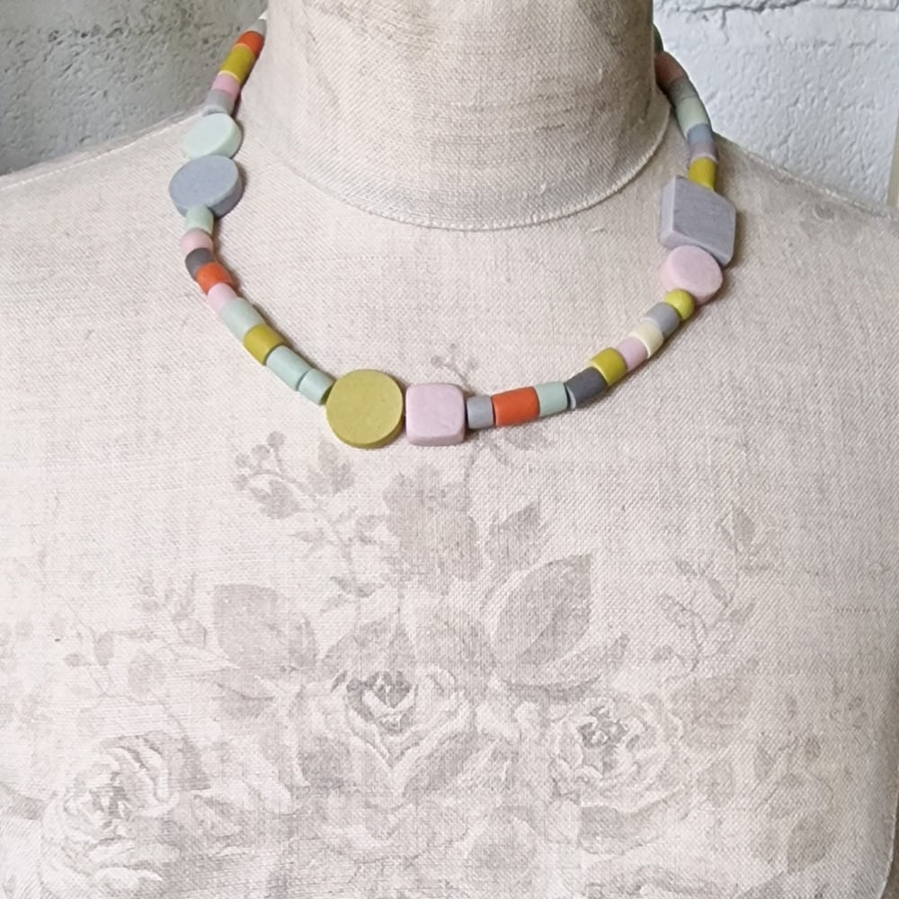 Random Shapes Beaded Necklace Earth Colours Mustards, Greys, Orange and Soft Green and Pink