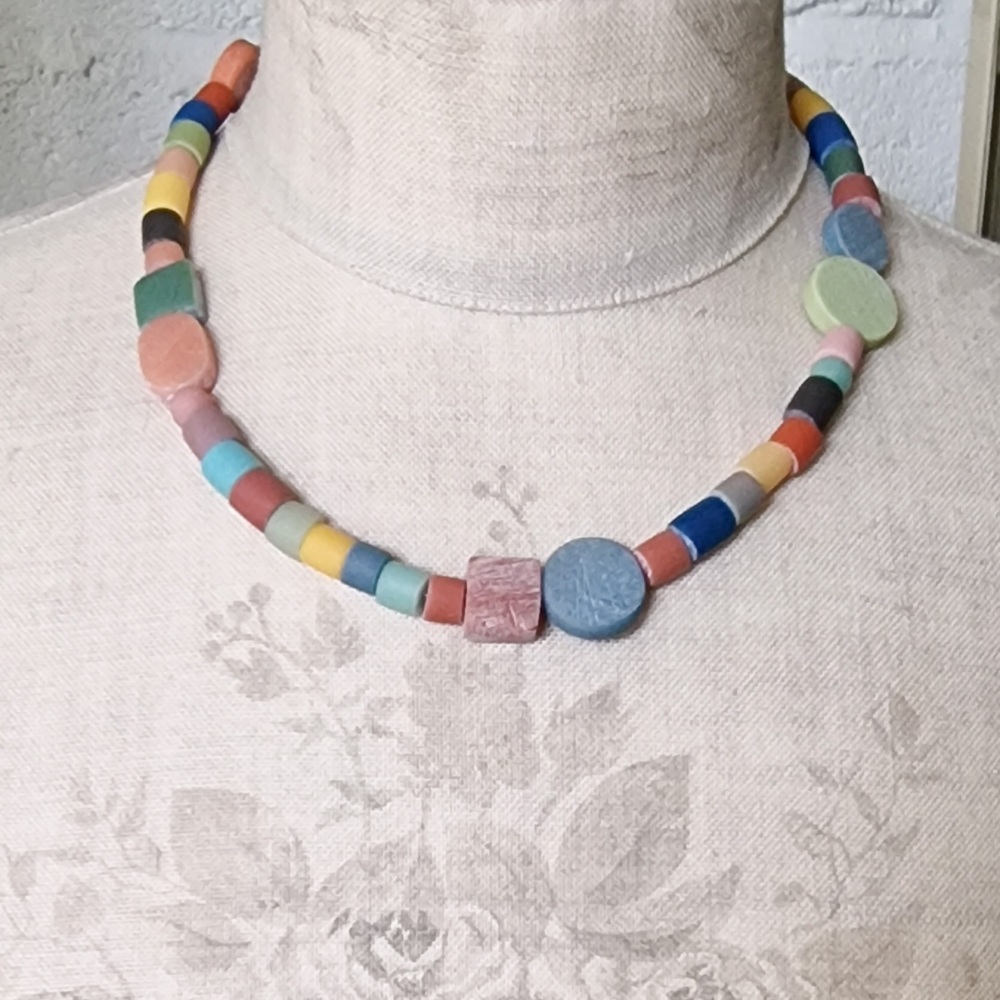 Random Shapes Beaded Necklace Red Earth, Indigo, Green Earth and Yellow Ochre