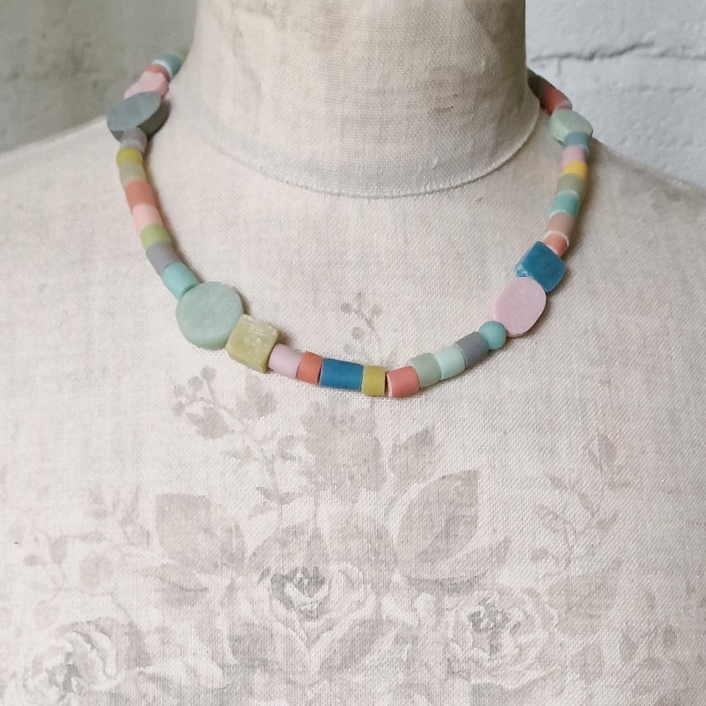 Random Shapes Beaded Necklace Soft Earth Colours Pale Green, Indigo, Pale Pink, Peach and Taupe