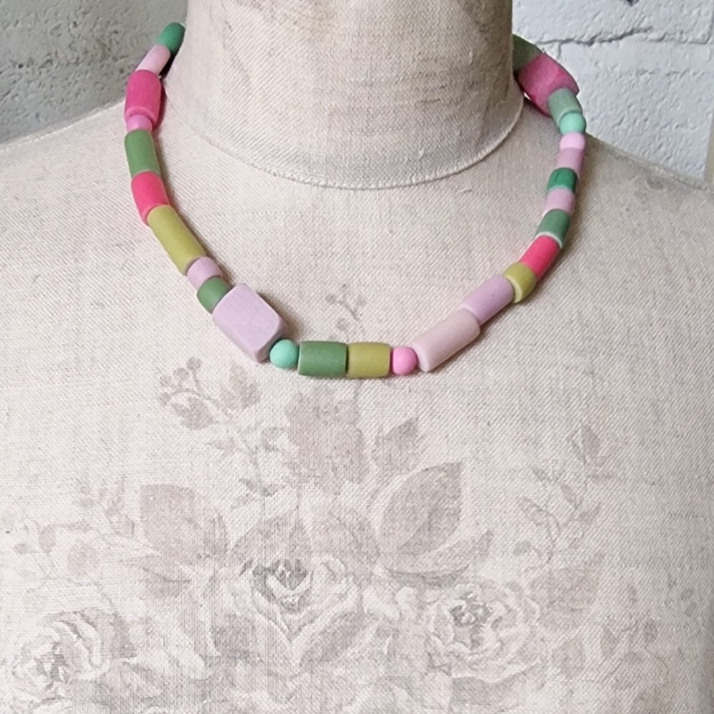 Random Shapes Beaded Necklace Pale Pinks, Green and Mustard