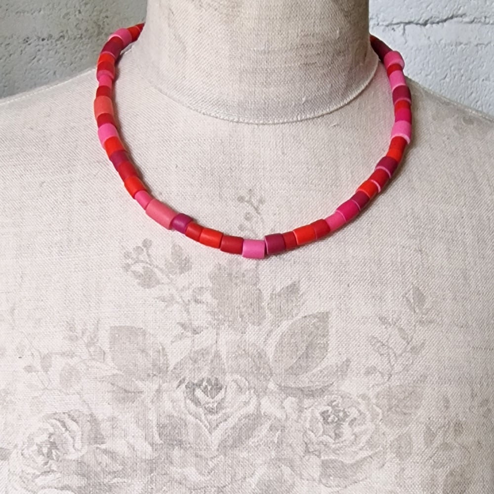 Short Tube Bead Necklace Bright Red and Hot Pink