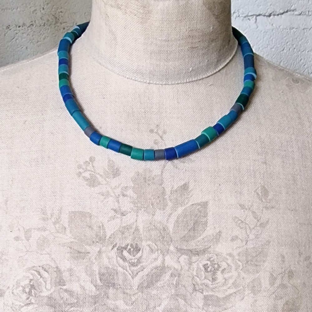 Short Tube Bead Necklace Blues, Greens and Teals