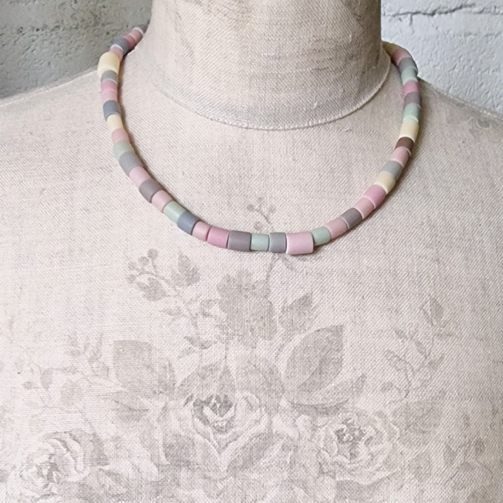 Short Tube Bead Necklace Palest Pink, Grey, Green and Yellow