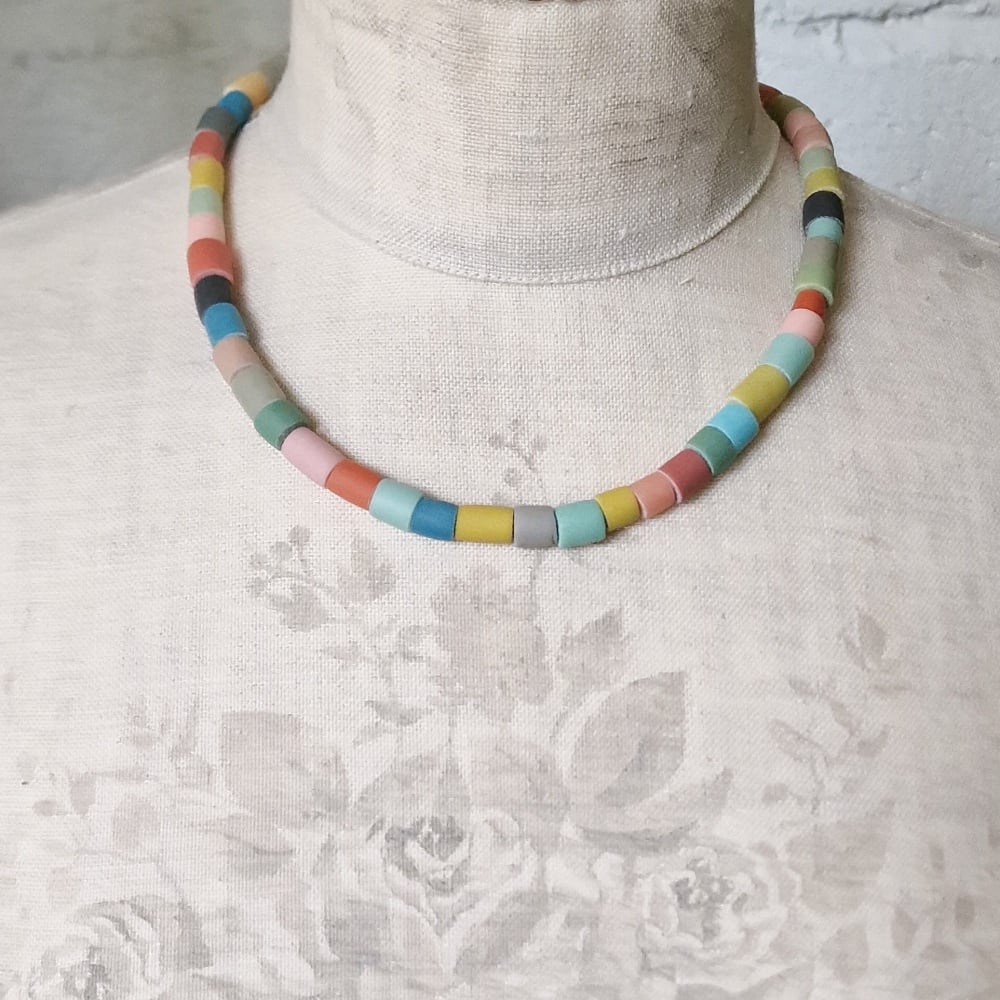 Short Tube Bead Necklace Natural Earth Colours Green Earth, Turquoise, Red Earth and Yellow Earth