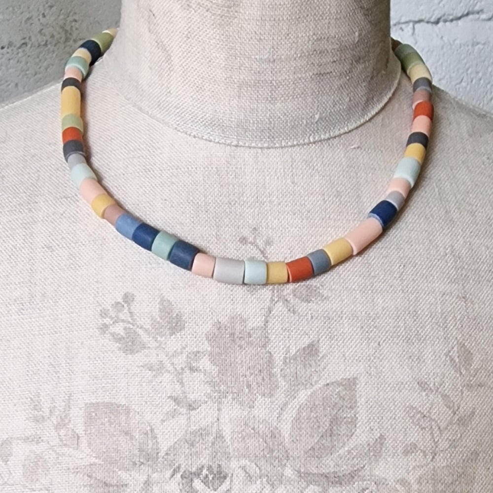 Short Tube Bead Necklace Natural Earth Colours Green Earth, Pale Aqua, Red Earth, Grey Earth, Prussian Blue and Yellow Earth