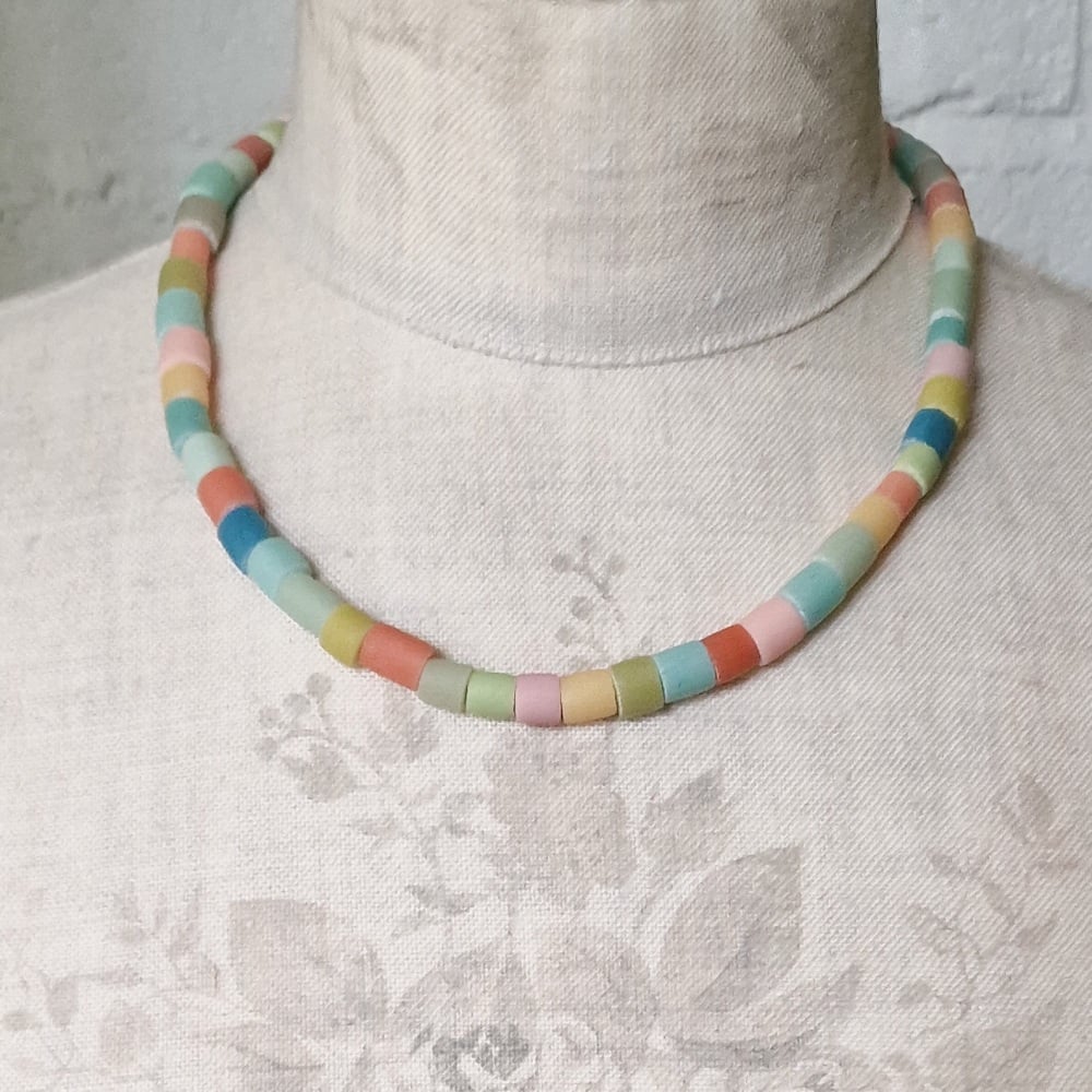 Short Tube Bead Necklace Pale Natural Earth Colours Green Earth, Turquoise, Red Earth and Yellow Earth