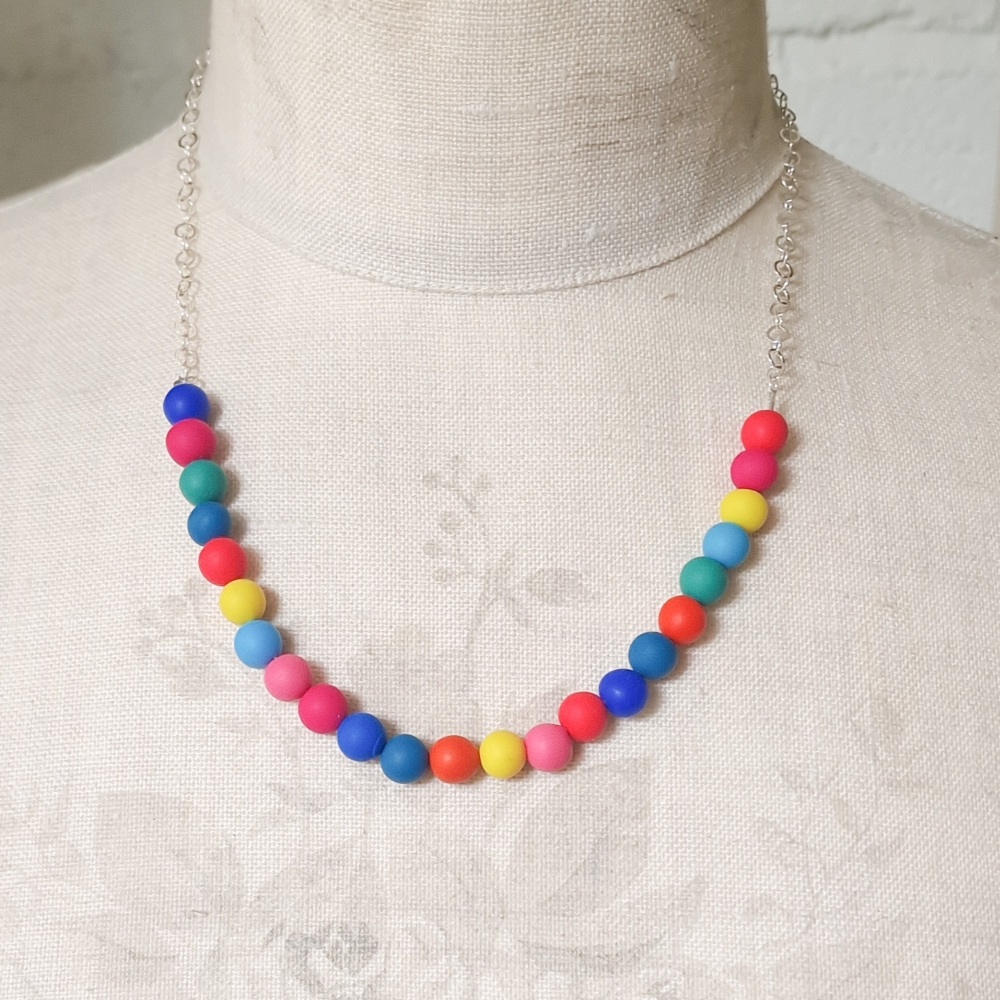 Beaded Sterling Silver Chain Necklace in Bright Multi Colours