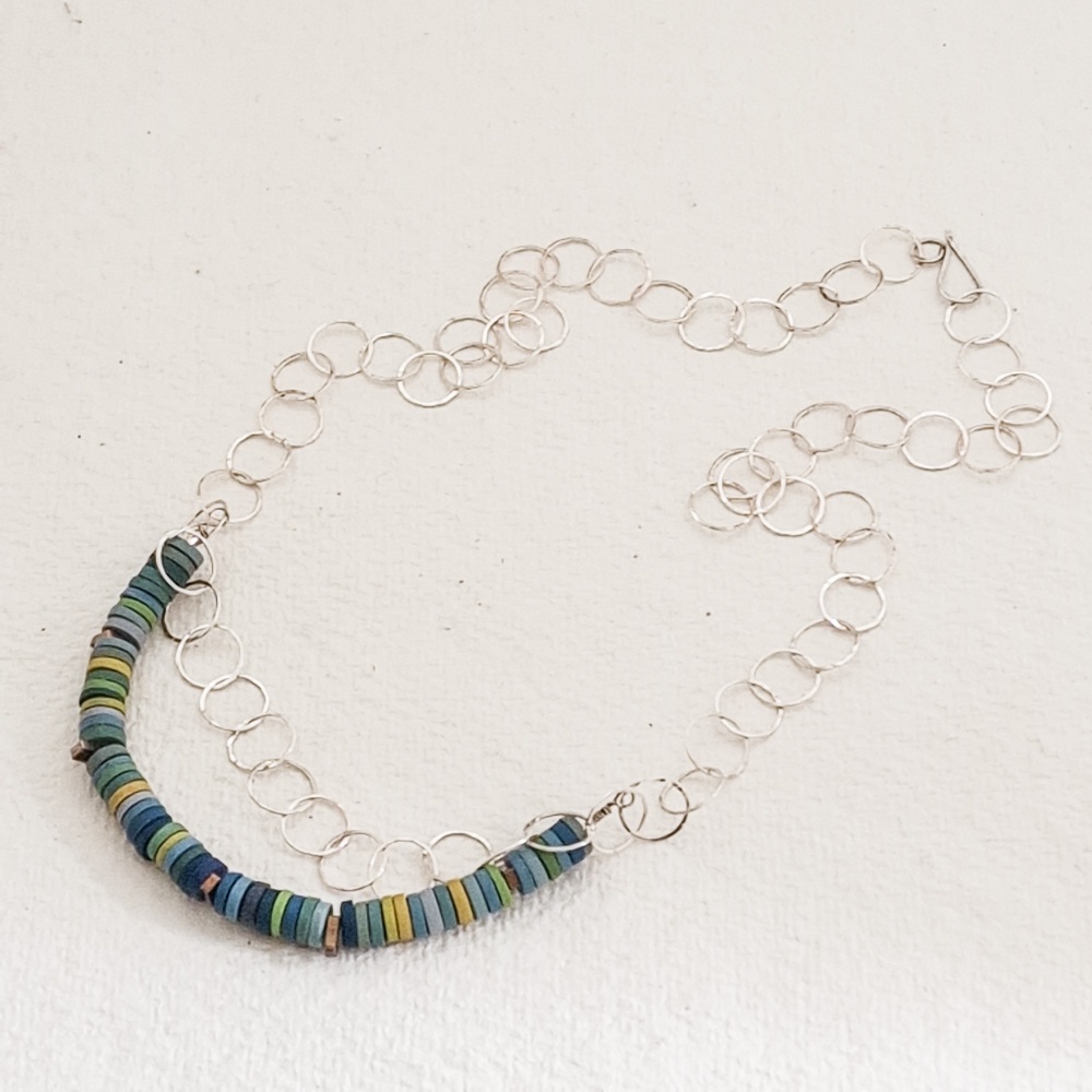 Tiny Disc Necklace with Hammered Sterling Silver Circle Chain in shades of Blue Grey Green and Mustard