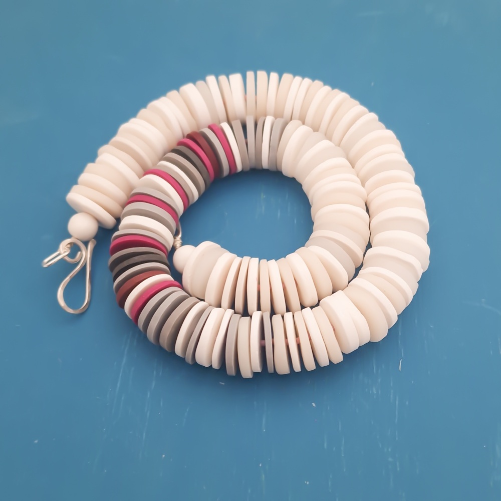 Large Disc Necklace in Winter whites and deep Reds