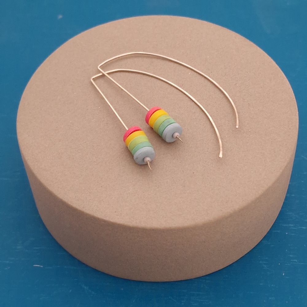 Tiny Disc Sterling Silver Wire Earrings Pink, Aqua and Green