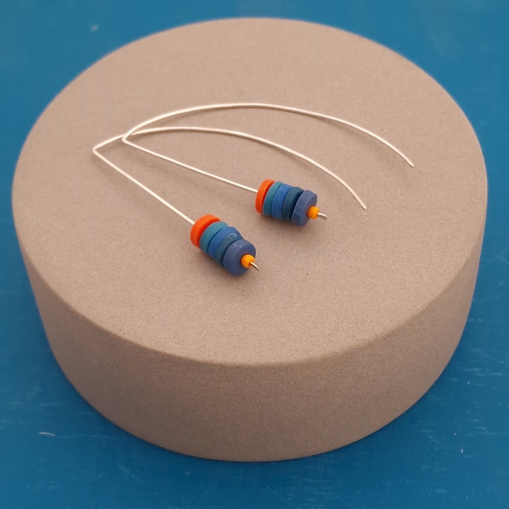 Tiny Disc Sterling Silver Wire Earrings Teal, Blue and Orange