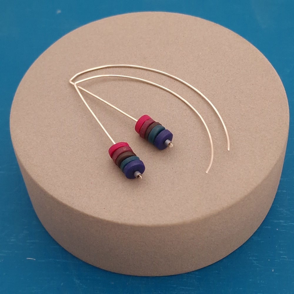 Tiny Disc Sterling Silver Wire Earrings wintery dark blue, green and burgundy